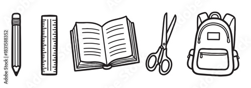Set of black and white school supply icons including a pencil, ruler, book, scissors, and backpack arranged in a row in a simple hand-drawn doodle style illustration
