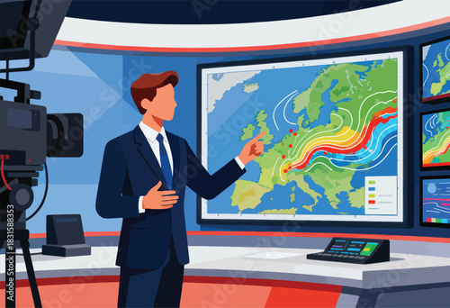 A suited man presents a weather forecast on a studio set, using a map of Europe with colored temperature lines