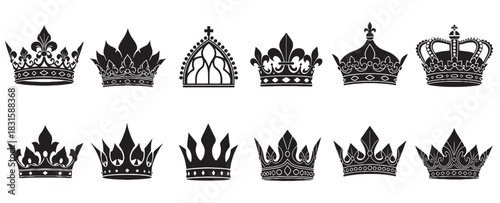 Set of twelve black royal crown silhouettes with different ornate, heraldic, and medieval designs for symbolizing monarchy, nobility, and luxury