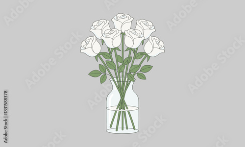 Elegant bouquet of white roses in a clear vase isolated on white background
