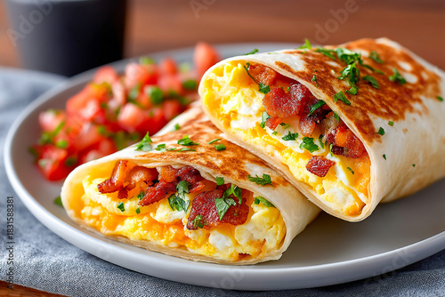 Delicious breakfast burrito filled with eggs, bacon, and cheese served with salsa Generative AI