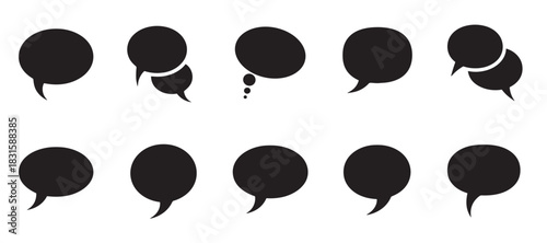 Collection of black speech bubble icons in various shapes for communication, dialogue, and thought, presented in a clean, minimalist graphic design style for web and print