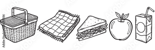Hand-drawn set of black and white picnic items including a wicker basket, checkered blanket, sandwich, apple, and juice box in a simple sketch style illustration