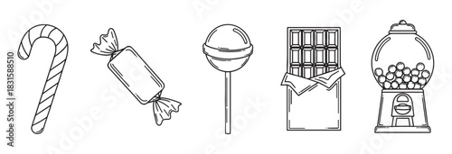 Black and white line art candy icons featuring a candy cane, wrapped sweet, lollipop, chocolate bar, and gumball machine in a simple minimalist vector illustration style