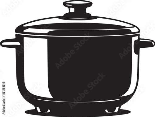 Black and white illustration of a cooking pot with a lid and handles