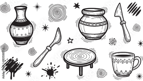 Hand-drawn set of pottery tools and ceramics, including a vase, pot, mug, and potter's wheel, in a charming black and white sketch illustration with a rustic, artisanal feel