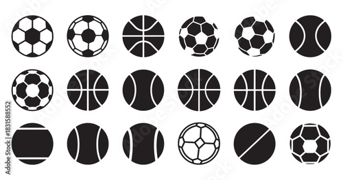 Collection of black sports ball icons including soccer, basketball, and tennis in a simple flat graphic style for various athletic and recreational game concepts