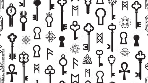Vintage keys, keyholes, and mystical symbols in a black silhouette seamless pattern featuring ancient runes, hieroglyphs, and esoteric occult signs for a mysterious concept