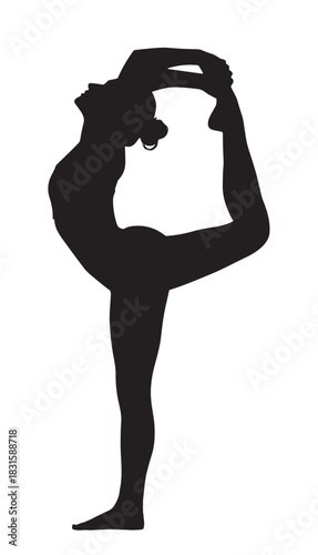 Black silhouette of a flexible woman performing a graceful yoga pose, standing on one leg in a deep backbend while holding her foot in the Natarajasana or dancer's pose