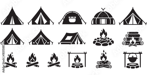 Set of black camping icons featuring various tents, campfires, and outdoor adventure symbols in a minimalist glyph style for hiking and tourism themes