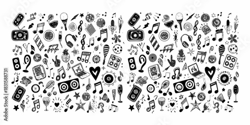Hand drawn music and party doodles in black and white