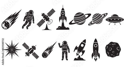 Collection of black space exploration icons featuring an astronaut, rocket ship, satellite, planet, UFO, comet, and asteroid in a simple silhouette vector style
