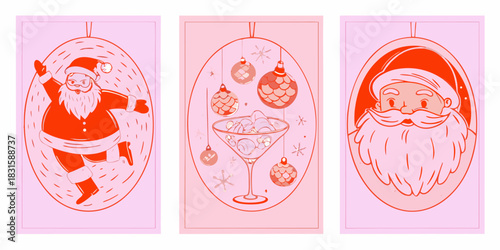 Whimsical christmas card set with santa claus and festive decorations