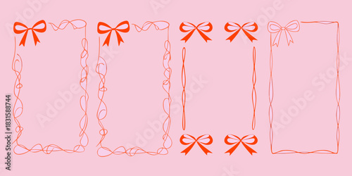 Hand drawn frames with bows in coral on a light pink background