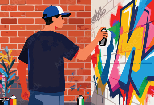 A person with a blue hat and shirt, using a spray can, creating a colorful graffiti art mural