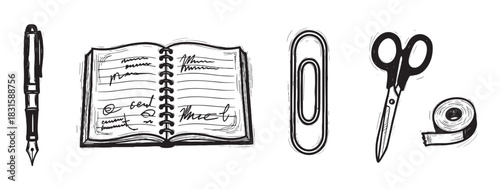 Black and white hand-drawn office stationery icons featuring a fountain pen, spiral notebook, paperclip, scissors, and tape in a rough, sketchy linocut illustration style