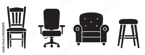 Collection of four black chair icons showing different furniture types like a dining chair, office chair, armchair, and bar stool in a simple, flat vector silhouette style