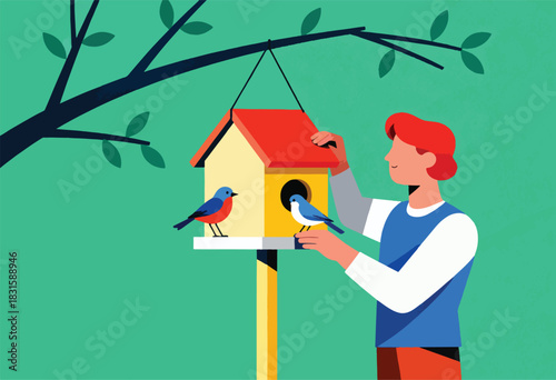 A vibrant illustration depicts a person tending to a birdhouse, with two birds perched nearby. The background is a flat green