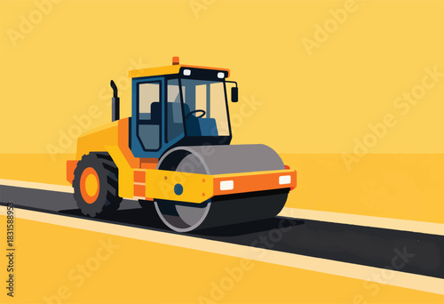 A bright yellow road roller compacting asphalt on a sunny day. Clean, vector-style illustration