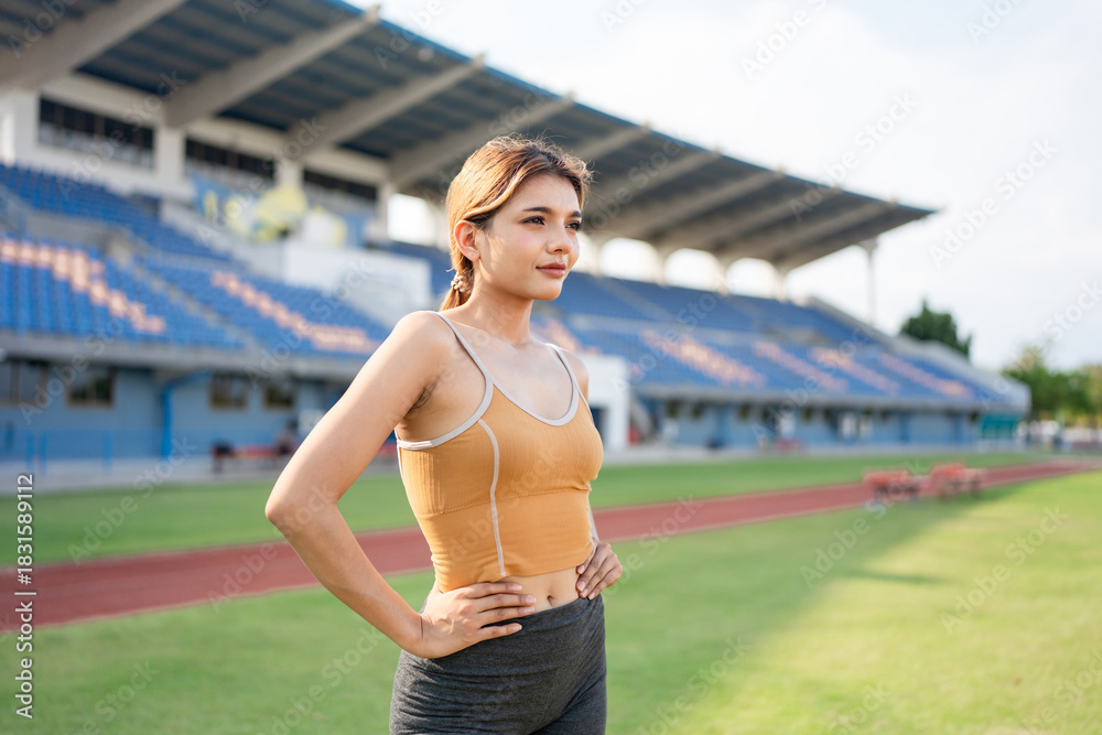 Naklejka premium Asian woman athlete taking a break while exercise outdoors at stadium.