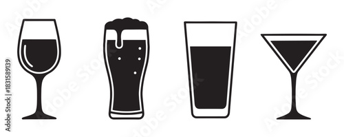 Set of four black drink glass icons showing wine, beer, water, and a cocktail in a minimalist graphic illustration style for a bar or restaurant menu design