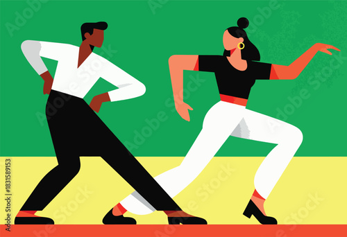Stylized illustration of a dancing couple, dynamic poses against colorful backdrop