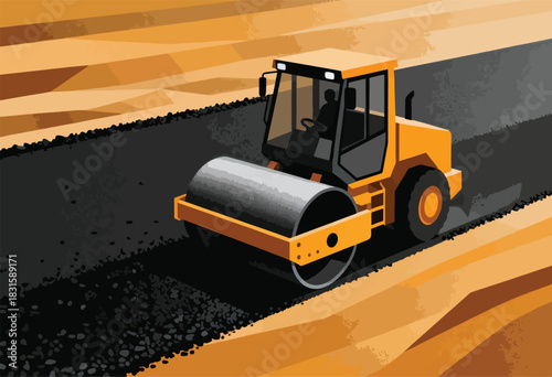 A vector illustration depicts a road roller compacting asphalt on a freshly laid surface, in a vibrant, geometric style