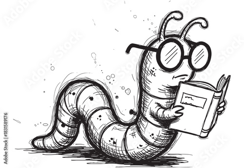 Hand-drawn black and white bookworm character wearing large round glasses reads a book with a studious expression in a rough sketch style, symbolizing learning and intelligence