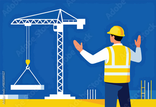 A flat illustration depicts a construction scene with a worker gesturing towards a crane lifting a construction block