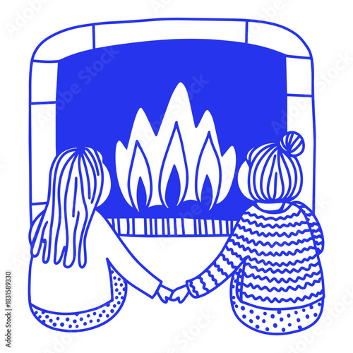 Illustration of Couple by Fireplace Holding Hands