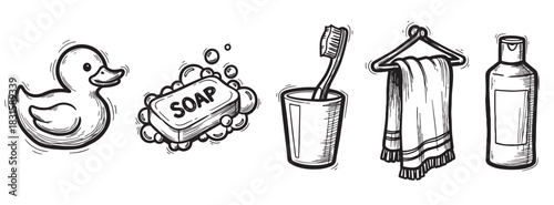 Hand drawn black and white bathroom icons including a rubber duck, soap, toothbrush, towel, and bottle in a sketch doodle style illustration set for personal hygiene and self care