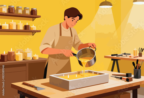 A person in apron pours hot liquid into a mold, surrounded by candles and tools, crafting something