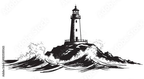 Tall lighthouse on a rocky island stands firm against crashing storm waves in a dramatic black and white hand-drawn sketch style illustration