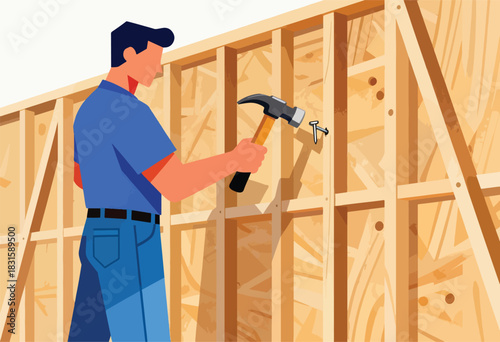 A stylized illustration depicts a person hammering a nail into wooden framing, creating a construction scene