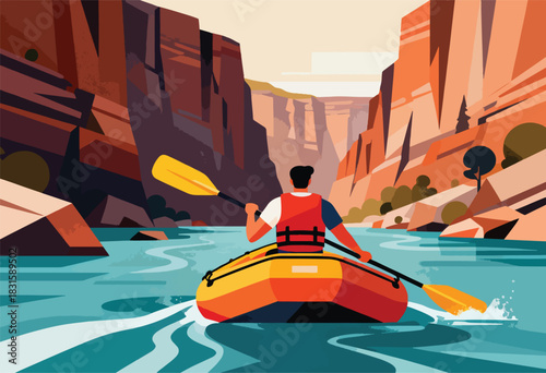 A person rafts down a river between canyon walls, with abstract art style, using oars