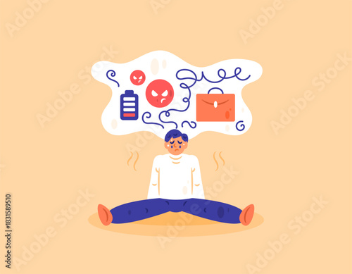 The concept of mental burden. Mental problems, work pressure, life problems. Illustration of a man sitting exhausted with a confused mind. Flat style character design. White background.