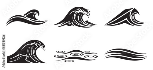 Six black stylized wave icons showing various forms of water movement, from a powerful ocean crest and surf curl to gentle sea ripples, in a clean graphic vector art style