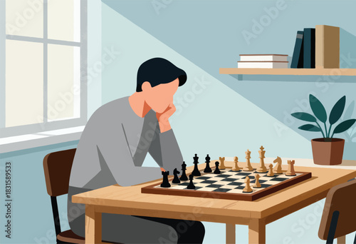 A person ponders a chess move at a table. A window, plant, and books are nearby. Clean and simple style