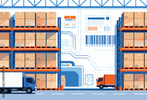 Illustrative warehouse interior with stacked boxes on shelves, trucks, & digital displays, emphasizing logistics