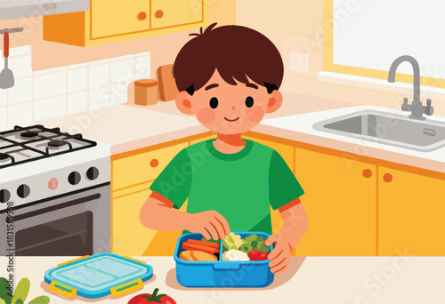 A young boy prepares a healthy lunch, with vegetables, for school in a kitchen setting