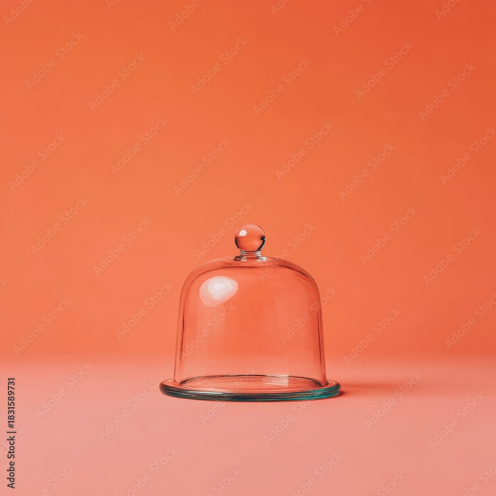 Obraz premium A clear glass dome cloche with a handle rests on a pink surface. The background is a solid coral color.