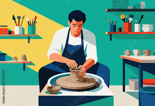 A silhouetted potter, in an apron, crafts a ceramic pot at a wheel, a studio setting