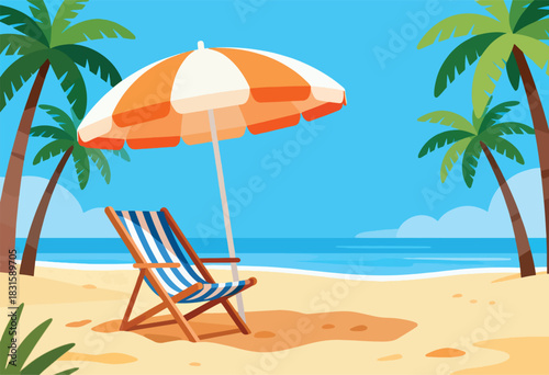 Animated beach scene with an umbrella, beach chair, palm trees, sand, ocean, and blue sky
