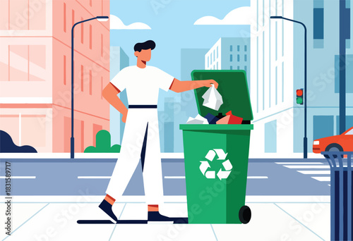 A person in a white outfit, in a city scene, throws a white object into a recycling bin