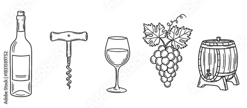 Set of black and white wine-themed icons including a bottle, corkscrew, glass, grapes, and barrel, presented in a simple hand-drawn sketch illustration style