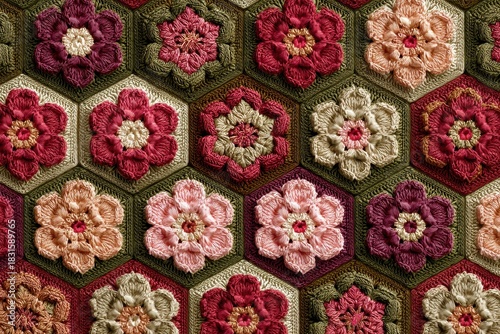 Crochet granny square pattern on wallpaper showcasing vibrant floral motifs and textures in a cozy indoor setting