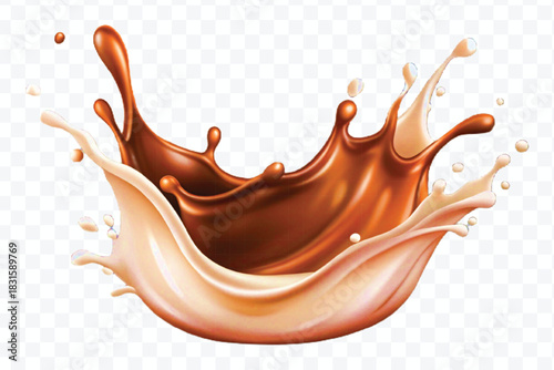 abstract 3d liquid chocolate with cream milk splash in different style isolated on transparent background	