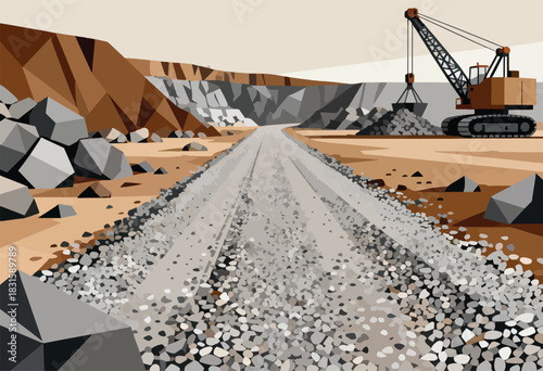 A quarry scene depicts an excavator and road construction with angular rocks and geometric landscape in earthy tones