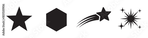 Set of four black geometric shapes including a classic star, hexagon, shooting star, and sparkle icon in a minimalist flat vector style for graphic design and decoration