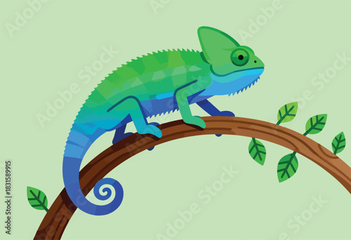 A vibrant, geometric chameleon with shades of green, blue, and yellow perches on a brown branch with leaves